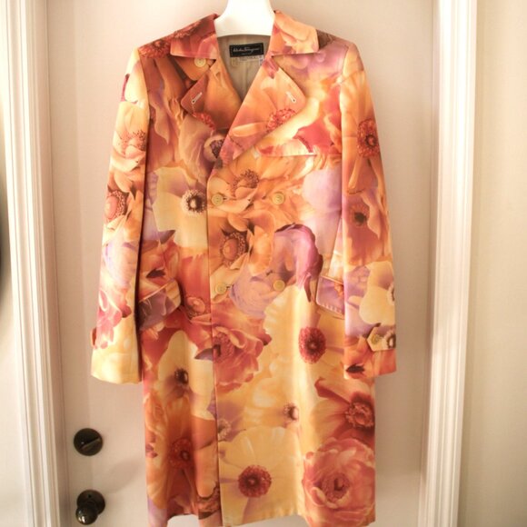 SALVATORE FERRAGAMO Trench Coat Belted Jacket Cotton Graphic Floral Print US 10 - Picture 2 of 14